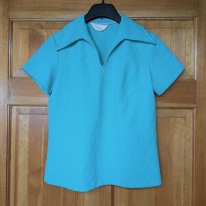Vintage Sears Short Sleeve V Neck Teal Green Top Size 12